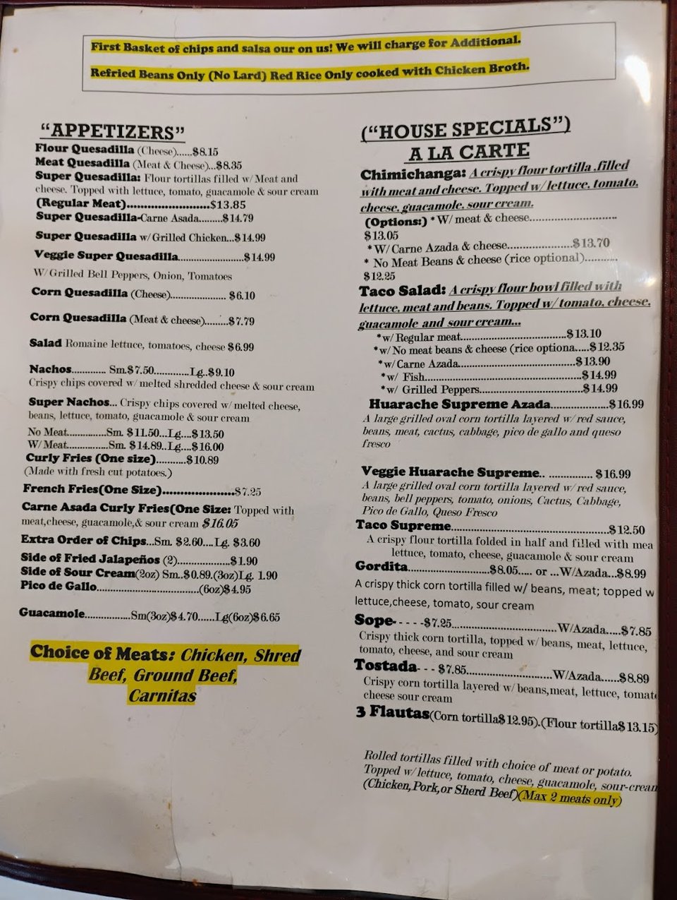 Printed menu with tortas, burritos, and quesadillas.