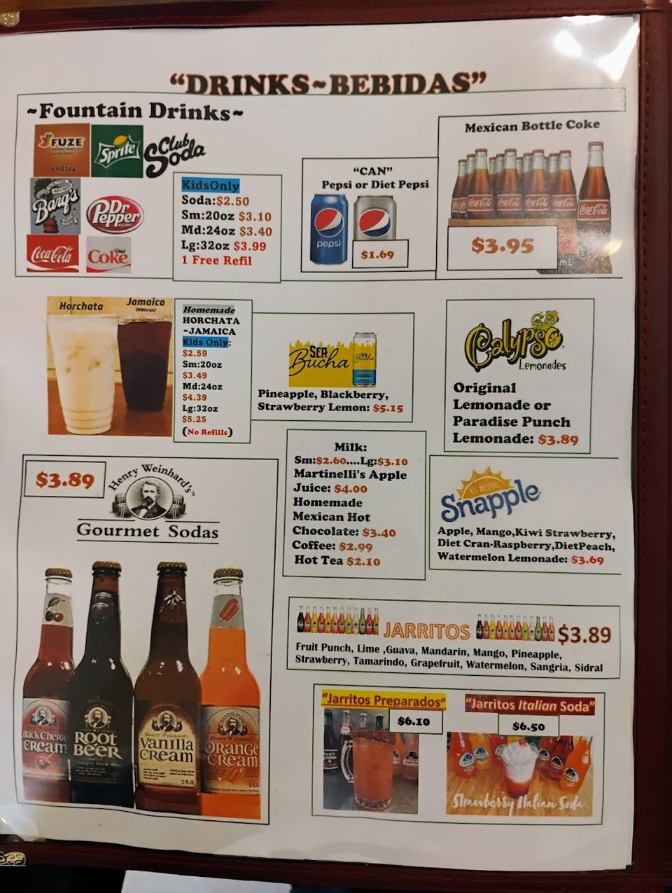 Mexican restaurant menu featuring chimichangas and taco salad.